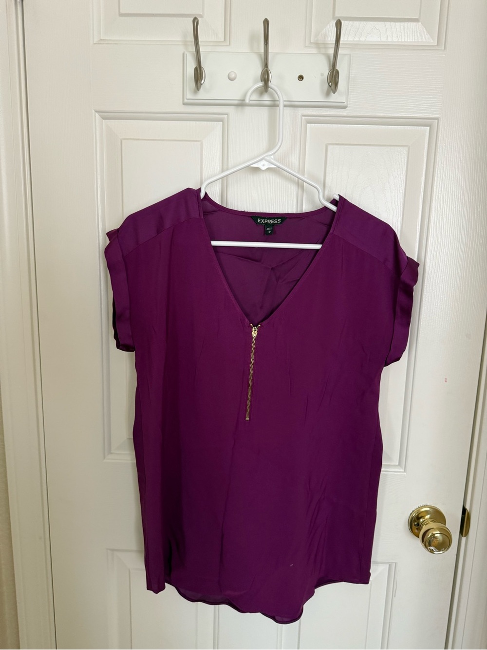 Express Women's Purple V-Neck Zip-Front Blouse